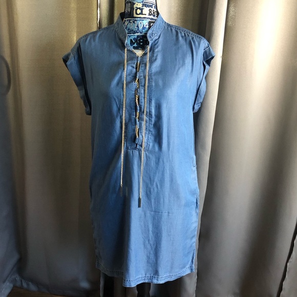 MICHAEL Michael Kors | Dresses | Michael Kors Denim Like Short Cap Sleeve Gold  Chain Tie Front Dress With Pockets | Poshmark